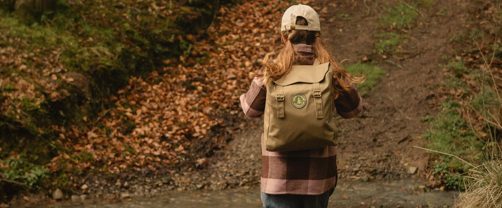 Person with a backpack walking on a trail in a natural setting