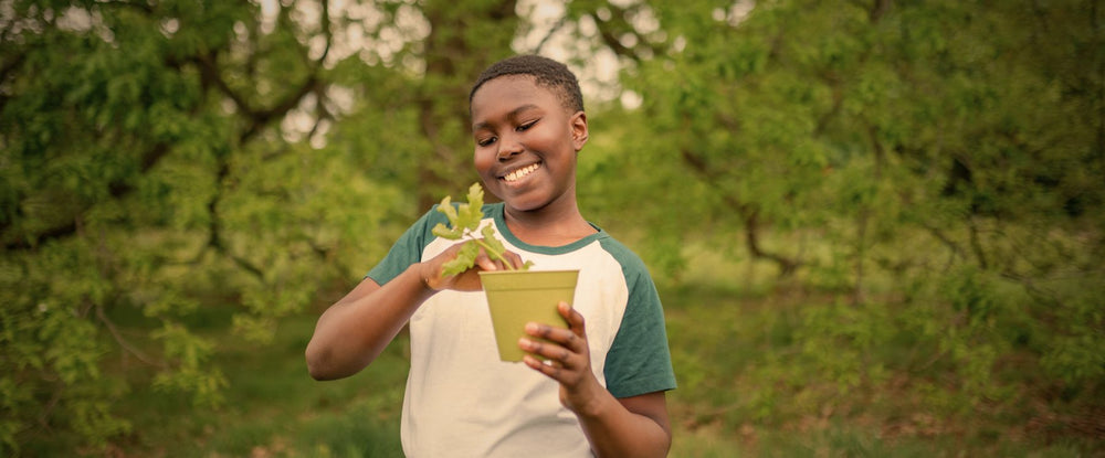 child holding a sapling in a green pot