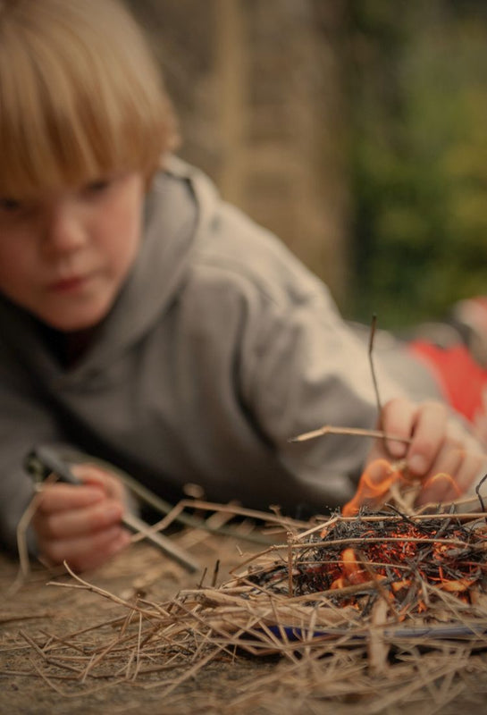 child placing small sticks onto a small fire