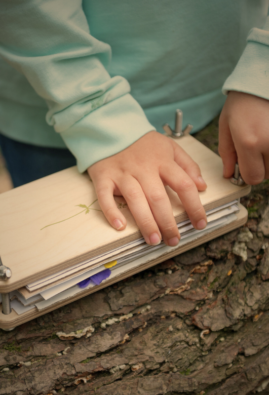 child's hands using flower press