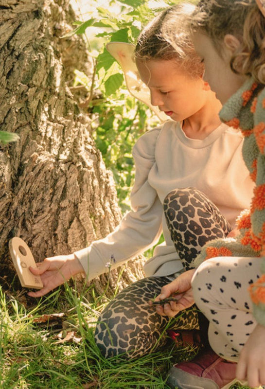 two children playing with a wooden fairy door under a tree